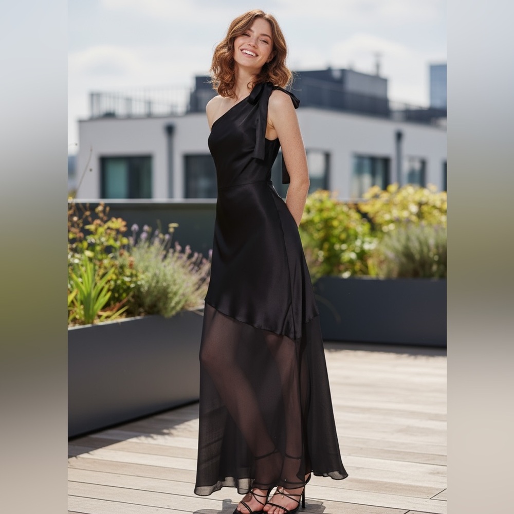 NWT Ginia Black Moonlight One-Shoulder Silk-Chiffon Midi Dress Sz L